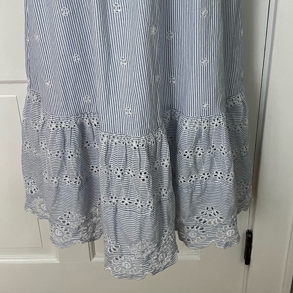 Japna 100% Cotton Blue White Pinstriped Eyelet Ruffle Maxi Dress S Cottagecore - Picture 3 of 13